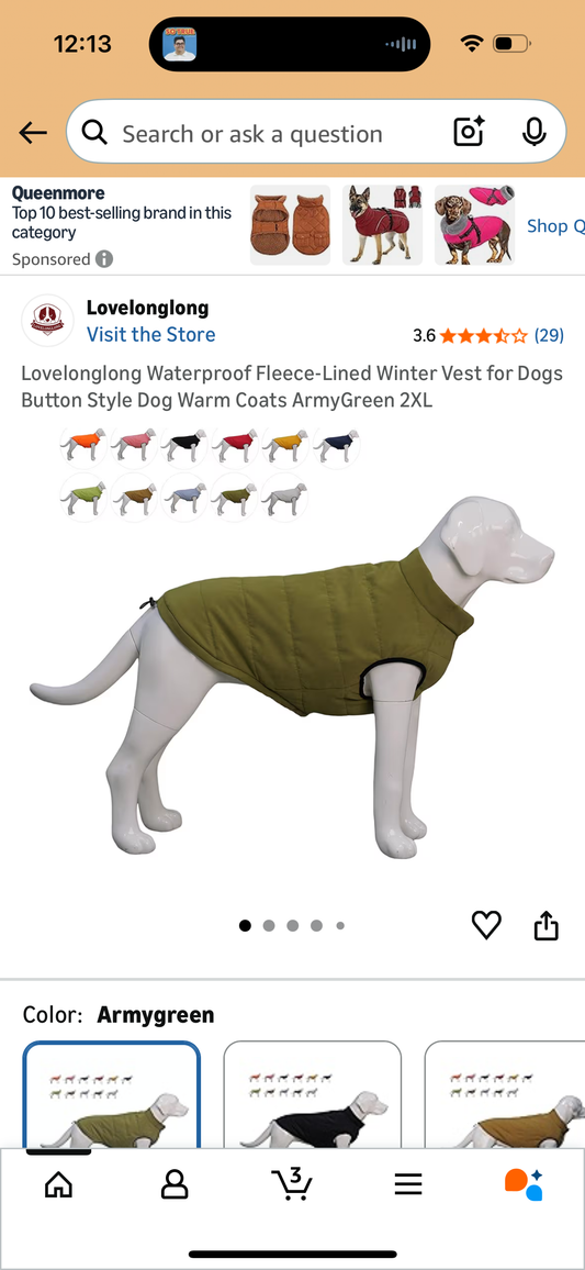 Lovelonglong Waterproof Fleece-Lined Winter Vest for Dogs Button Style Dog Warm Coats ArmyGreen (Sizes Vary)