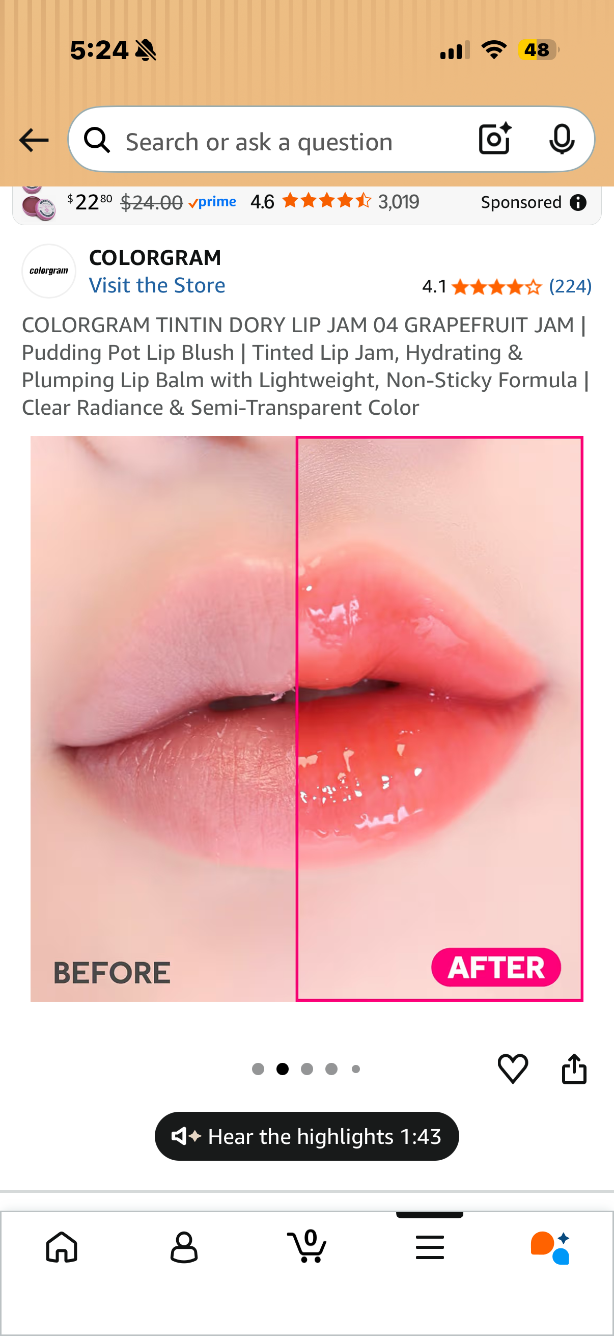 COLORGRAM TINTIN DORY LIP JAM 04 GRAPEFRUIT JAM | Pudding Pot Lip Blush | Tinted Lip Jam, Hydrating & Plumping Lip Balm with Lightweight, Non-Sticky Formula | Clear Radiance & Semi-Transparent Color