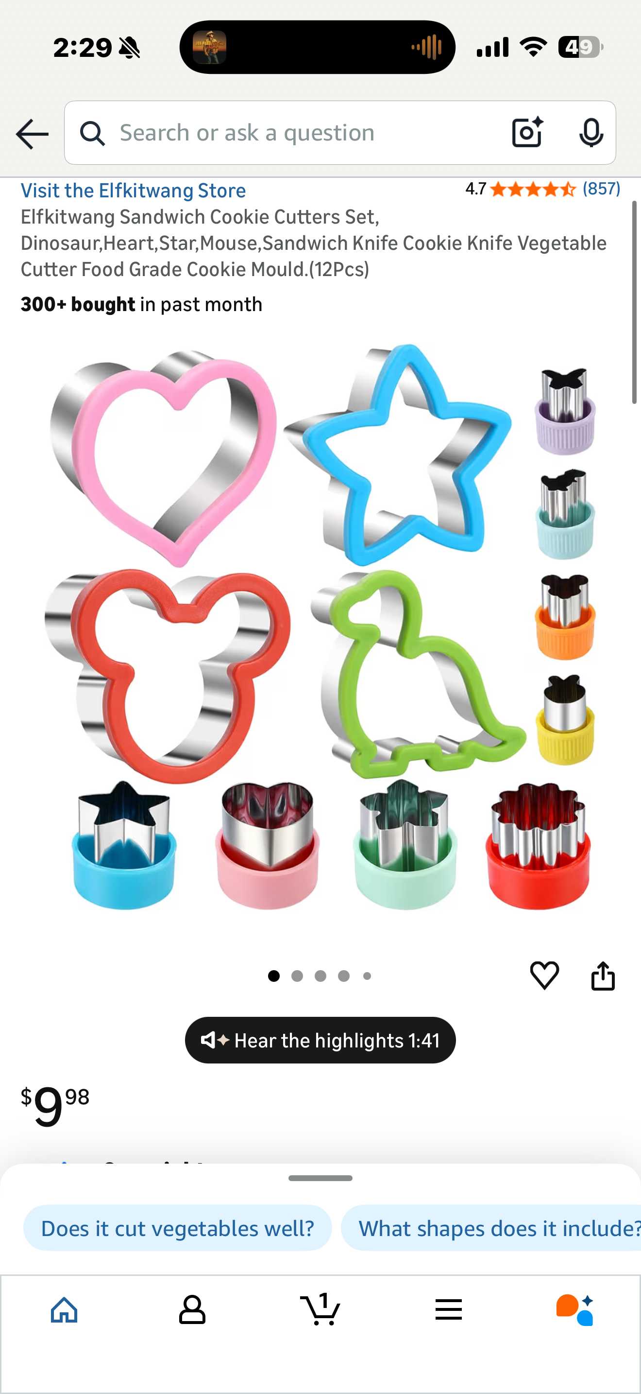 Elfkitwang Sandwich Cookie Cutters Set, Dinosaur,Heart,Star,Mouse,Sandwich Knife Cookie Knife Vegetable Cutter Food Grade Cookie Mould.(12Pcs)