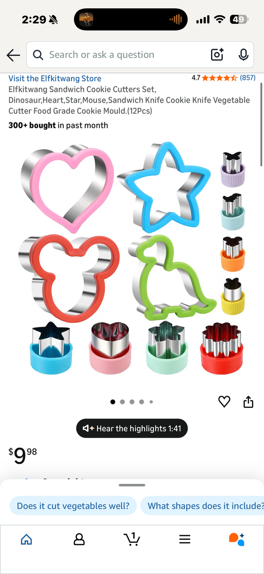 Elfkitwang Sandwich Cookie Cutters Set, Dinosaur,Heart,Star,Mouse,Sandwich Knife Cookie Knife Vegetable Cutter Food Grade Cookie Mould.(12Pcs)
