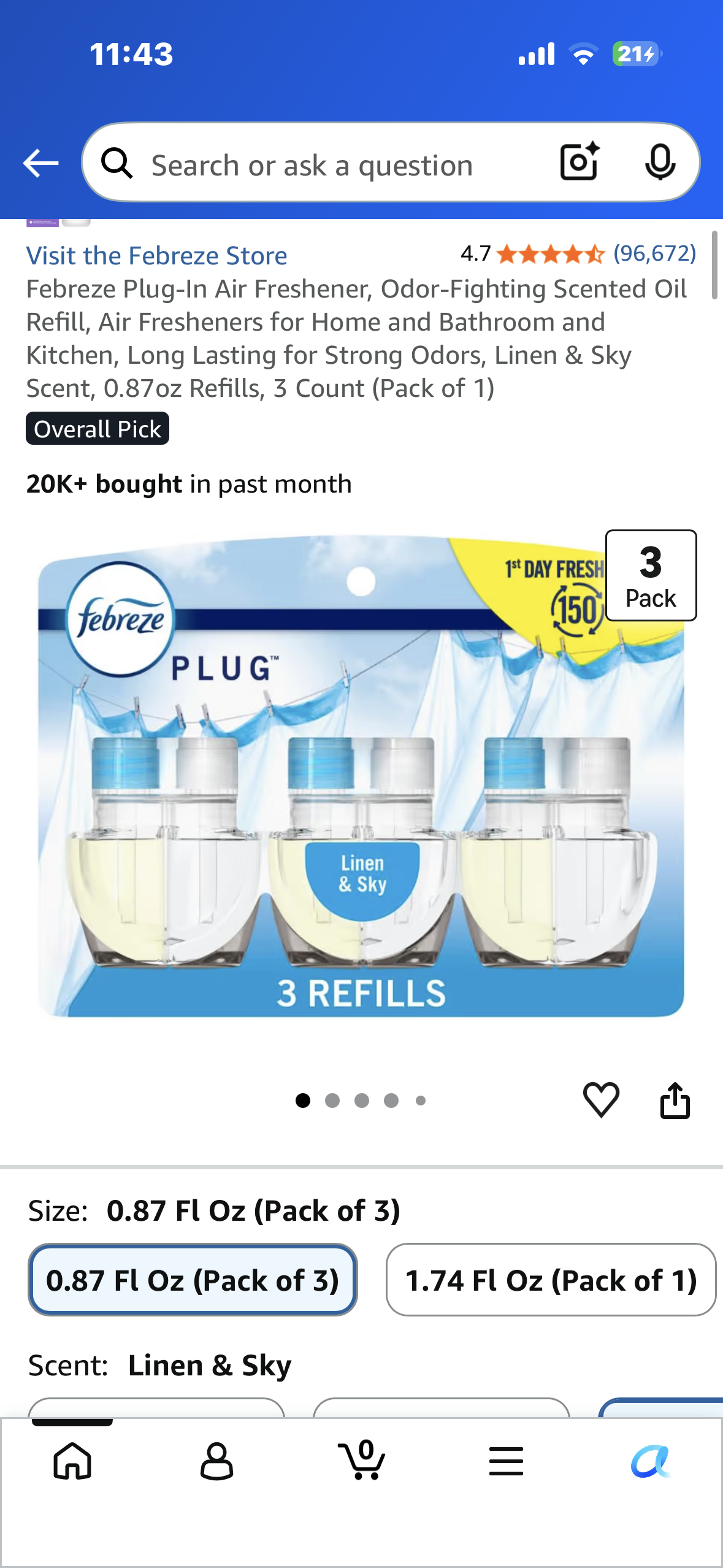 Febreze Plug-In Air Freshener, Odor-Fighting Scented Oil Refill, Air Fresheners for Home and Bathroom and Kitchen, Long Lasting for Strong Odors, Linen & Sky Scent, 0.87oz Refills, 3 Count