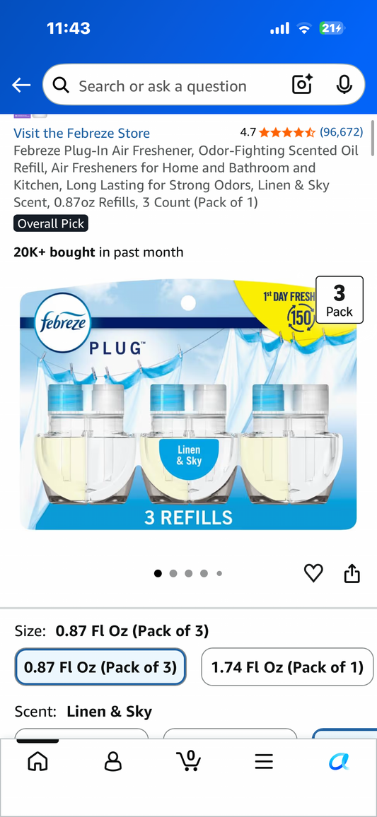 Febreze Plug-In Air Freshener, Odor-Fighting Scented Oil Refill, Air Fresheners for Home and Bathroom and Kitchen, Long Lasting for Strong Odors, Linen & Sky Scent, 0.87oz Refills, 3 Count