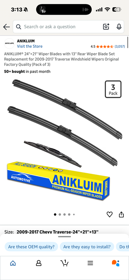 ANIKLUIM® 24"+21" Wiper Blades with 13" Rear Wiper Blade Set Replacement for 2009-2017 Traverse Windshield Wipers Original Factory Quality (Pack of 3)