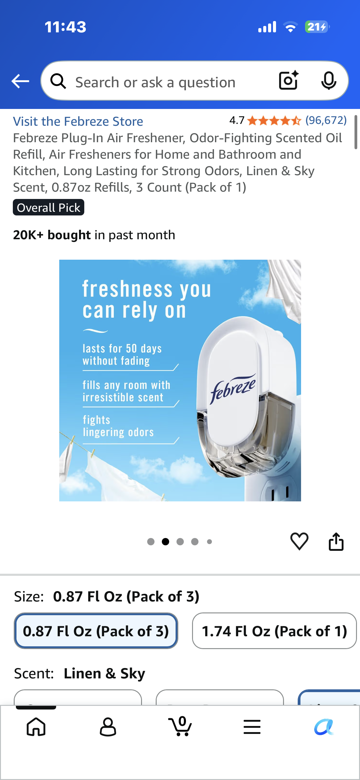 Febreze Plug-In Air Freshener, Odor-Fighting Scented Oil Refill, Air Fresheners for Home and Bathroom and Kitchen, Long Lasting for Strong Odors, Linen & Sky Scent, 0.87oz Refills, 3 Count
