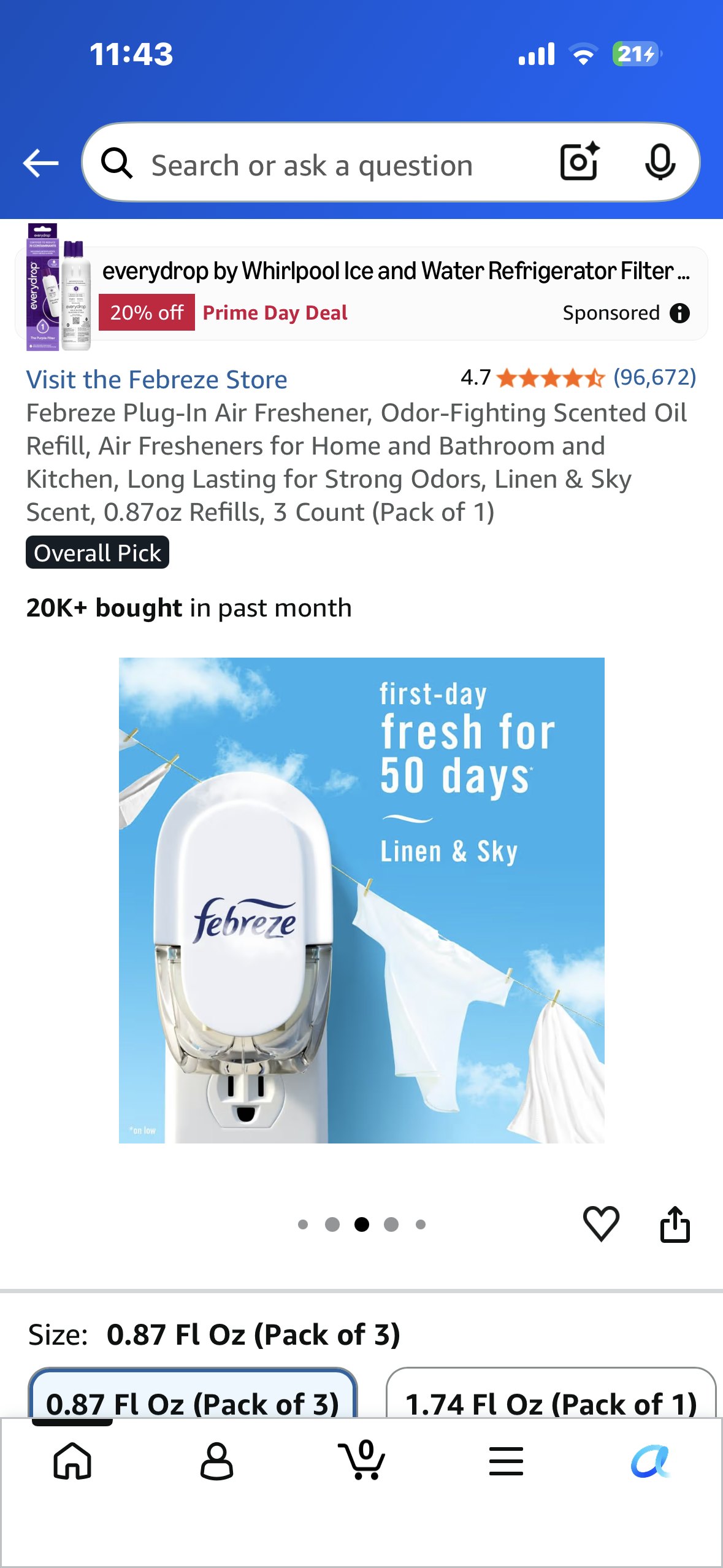 Febreze Plug-In Air Freshener, Odor-Fighting Scented Oil Refill, Air Fresheners for Home and Bathroom and Kitchen, Long Lasting for Strong Odors, Linen & Sky Scent, 0.87oz Refills, 3 Count