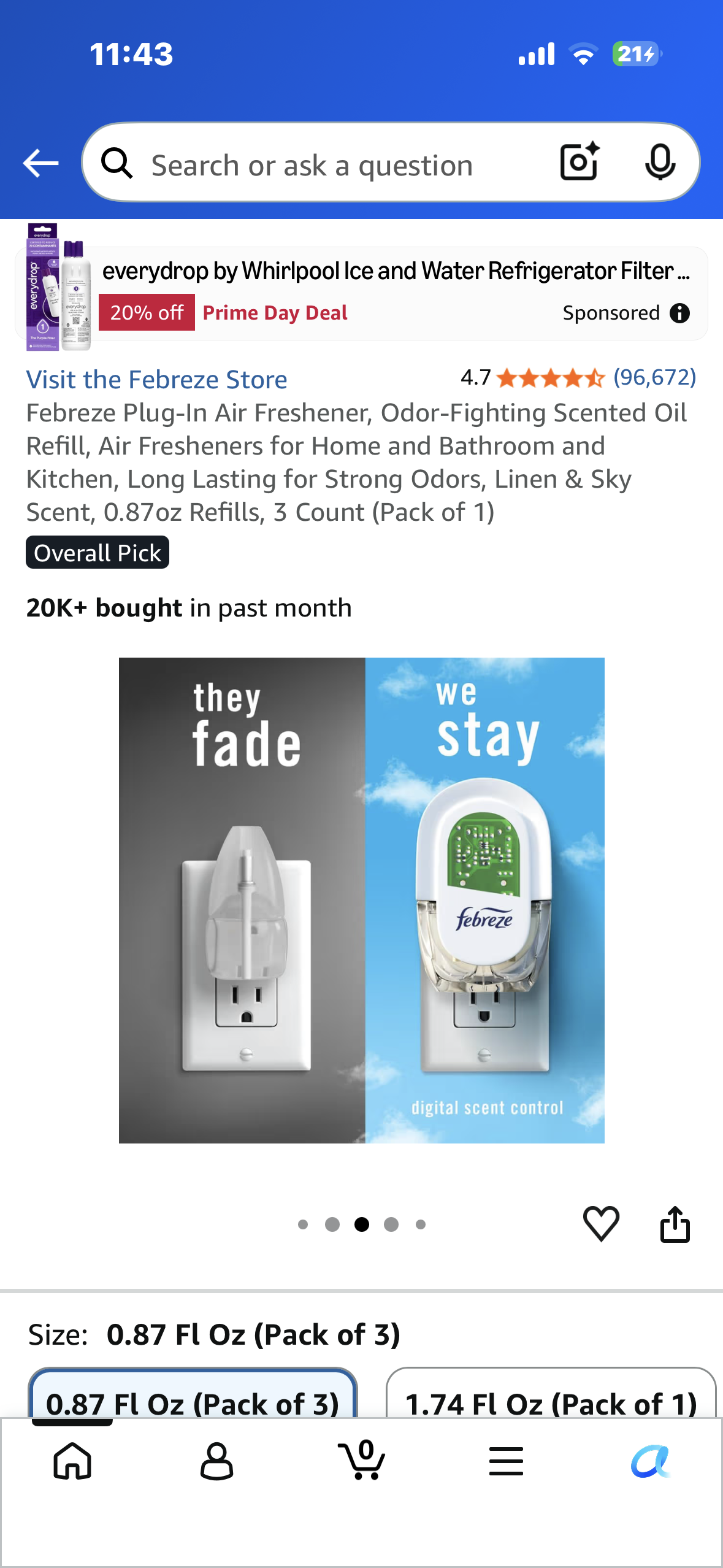 Febreze Plug-In Air Freshener, Odor-Fighting Scented Oil Refill, Air Fresheners for Home and Bathroom and Kitchen, Long Lasting for Strong Odors, Linen & Sky Scent, 0.87oz Refills, 3 Count
