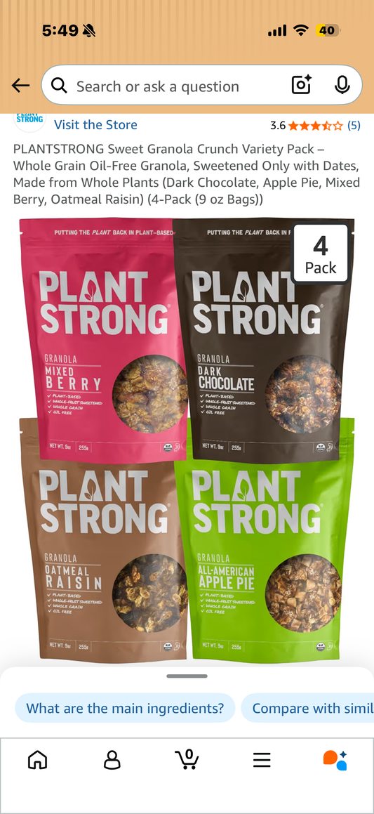 PLANTSTRONG Sweet Granola Crunch Variety Pack – Whole Grain Oil-Free Granola, Sweetened Only with Dates, Made from Whole Plants (Dark Chocolate, Apple Pie, Mixed Berry, Oatmeal Raisin) (4-Pack (9 oz Bags