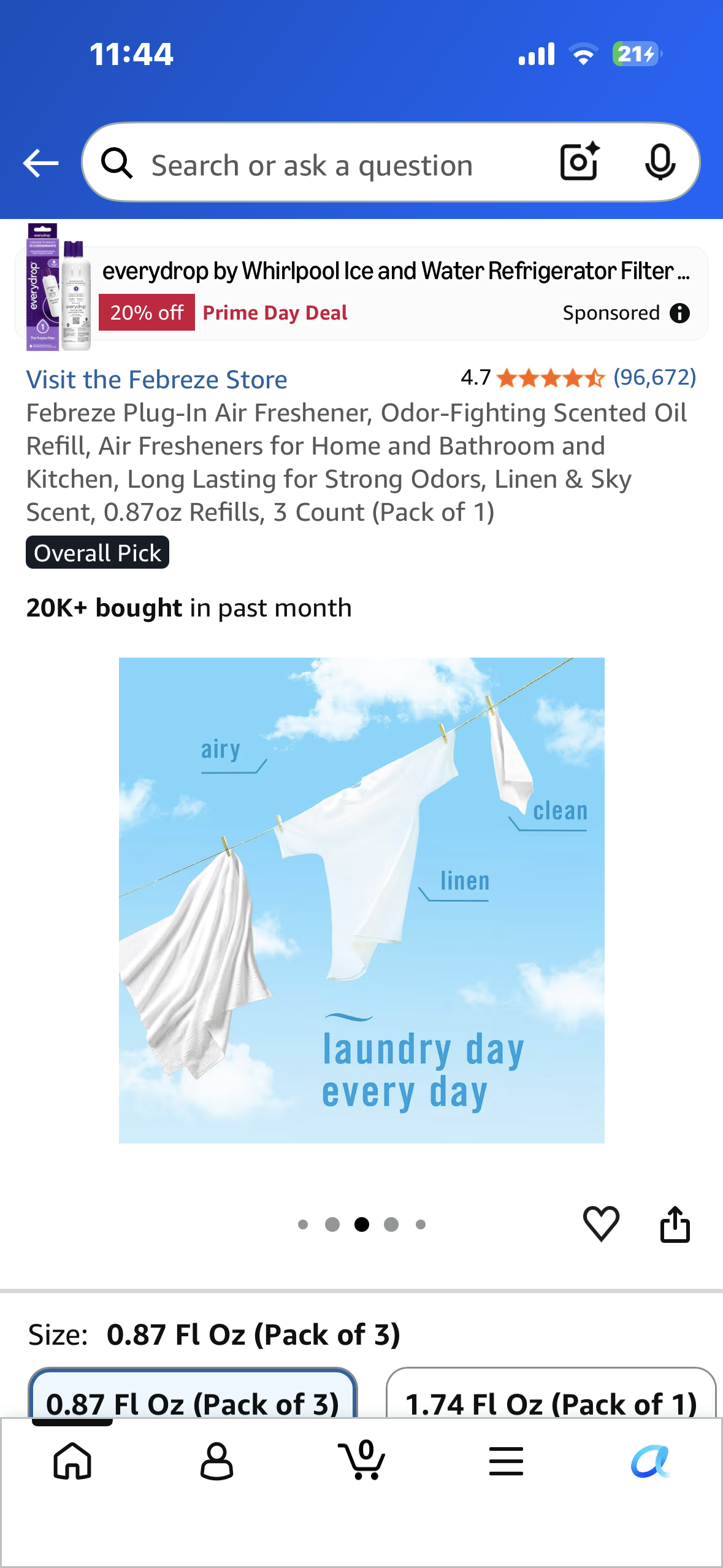 Febreze Plug-In Air Freshener, Odor-Fighting Scented Oil Refill, Air Fresheners for Home and Bathroom and Kitchen, Long Lasting for Strong Odors, Linen & Sky Scent, 0.87oz Refills, 3 Count