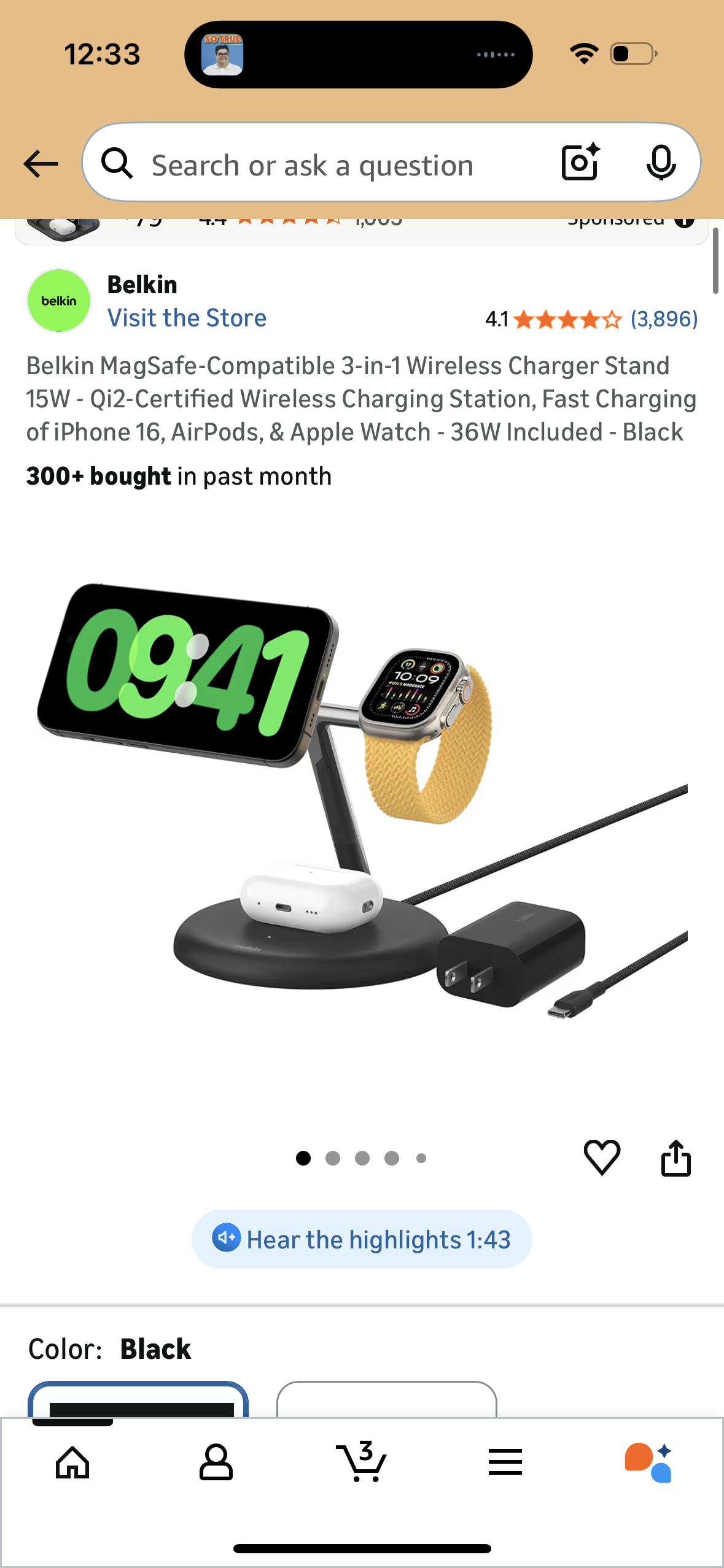 Belkin MagSafe-Compatible 3-in-1 Wireless Charger Stand 15W - Qi2-Certified Wireless Charging Station, Fast Charging of iPhone 16, AirPods, & Apple Watch - 36W Included - Black