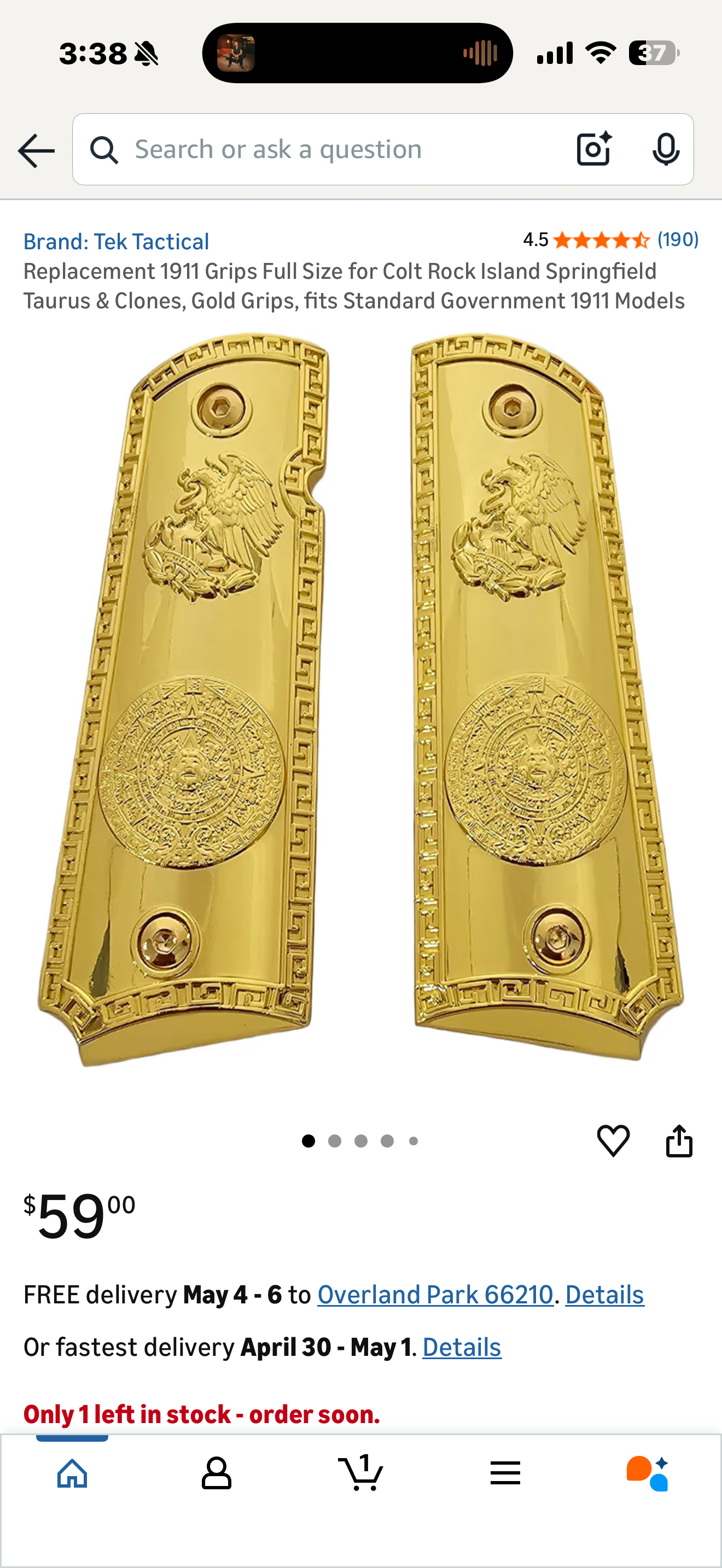 Replacement 1911 Grips Full Size for Colt Rock Island Springfield Taurus & Clones, Gold Grips, fits Standard Government 1911 Models