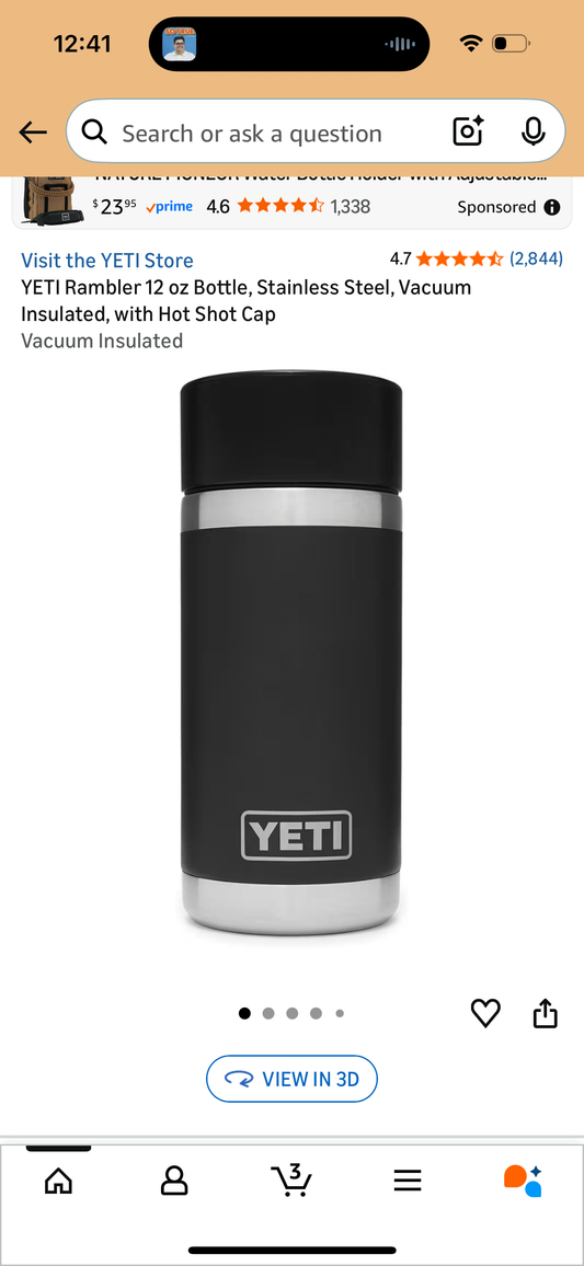 YETI Rambler 12 oz Bottle, Stainless Steel, Vacuum Insulated, with Hot Shot Cap