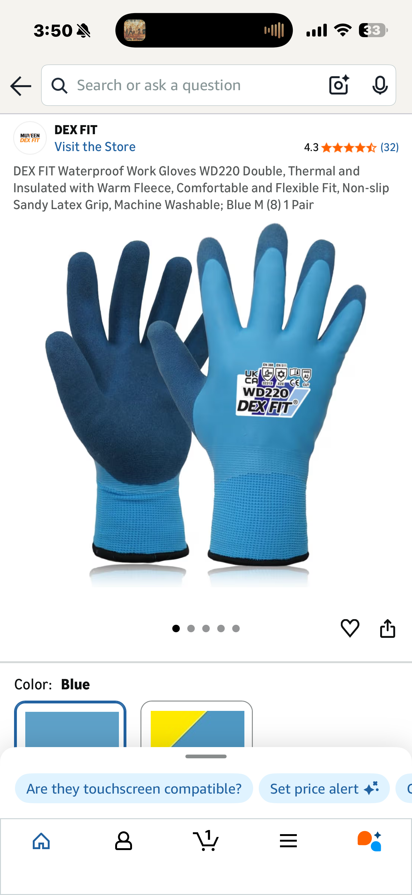DEX FIT Waterproof Work Gloves WD220 Double, Thermal and Insulated with Warm Fleece, Comfortable and Flexible Fit, Non-slip Sandy Latex Grip, Machine Washable; Blue M (8) 1 Pair (Size Medium)