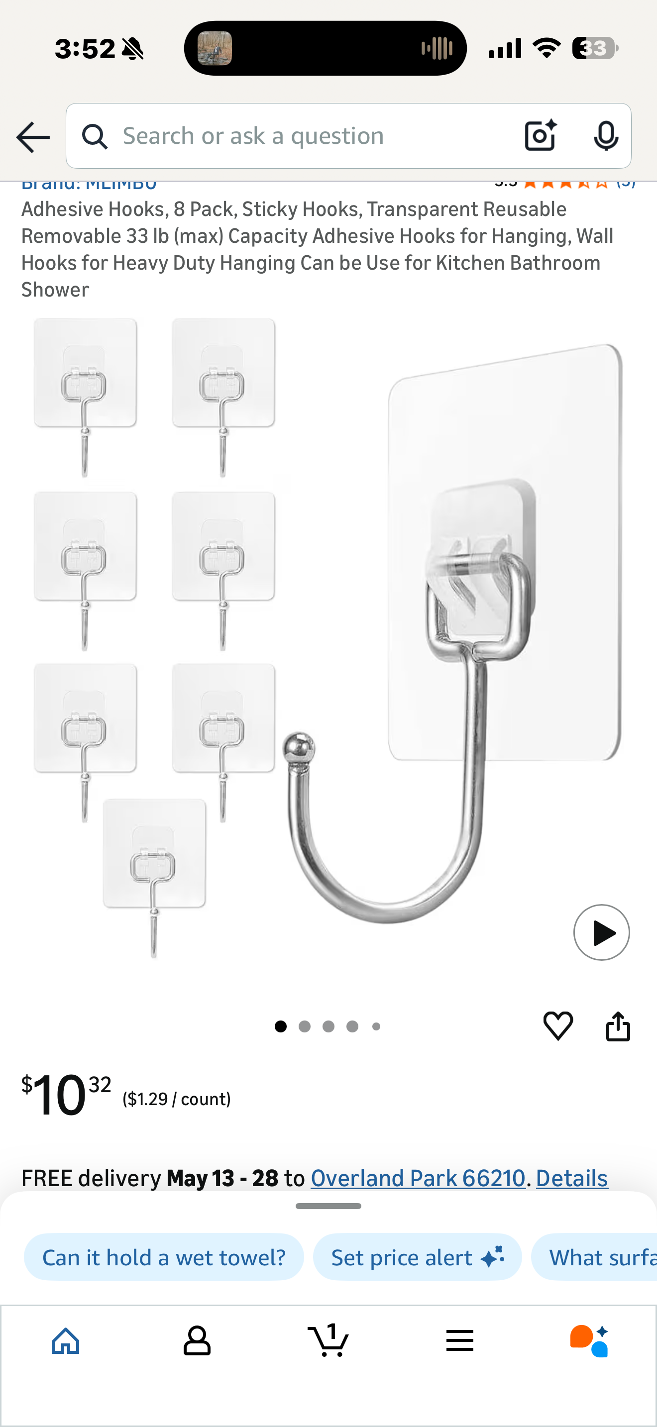 Adhesive Hooks, 8 Pack, Sticky Hooks, Transparent Reusable Removable 33 lb (max) Capacity Adhesive Hooks for Hanging, Wall Hooks for Heavy Duty Hanging Can be Use for Kitchen Bathroom Shower