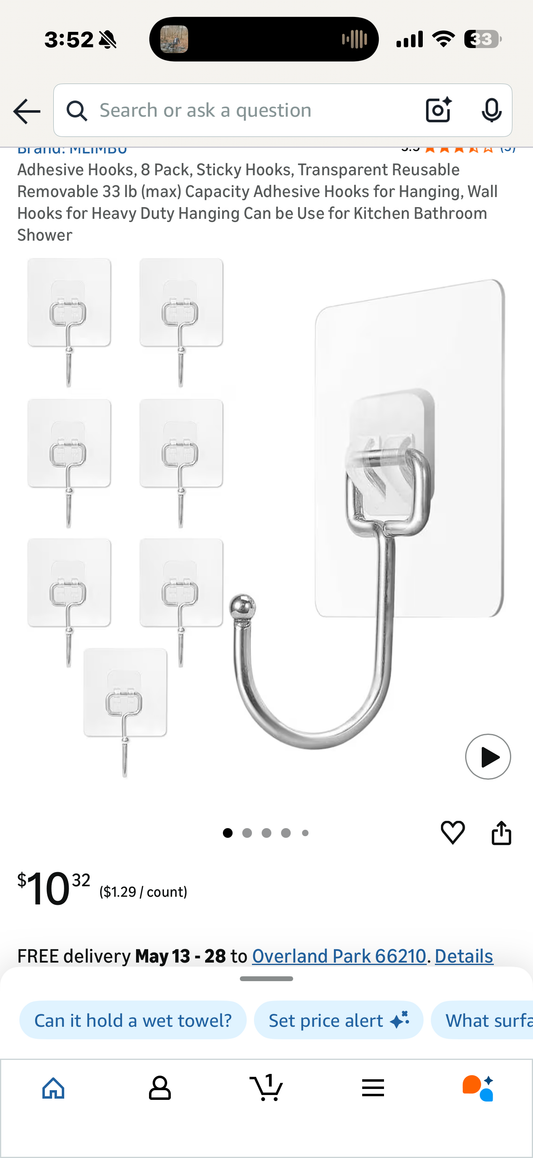 Adhesive Hooks, 8 Pack, Sticky Hooks, Transparent Reusable Removable 33 lb (max) Capacity Adhesive Hooks for Hanging, Wall Hooks for Heavy Duty Hanging Can be Use for Kitchen Bathroom Shower