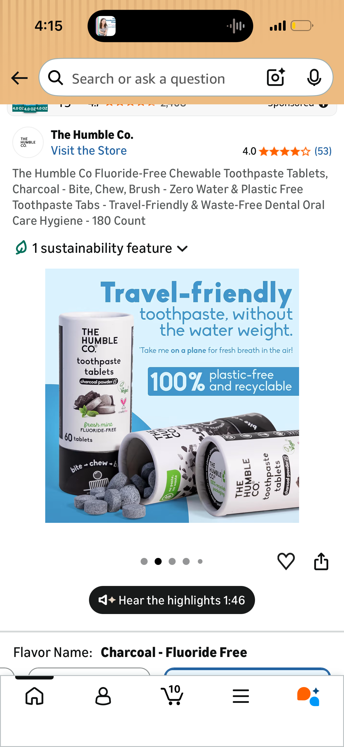 The Humble Co Fluoride-Free Chewable Toothpaste Tablets, Charcoal - Bite, Chew, Brush - Zero Water & Plastic Free Toothpaste Tabs - Travel-Friendly & Waste-Free Dental Oral Care Hygiene - 180 Count