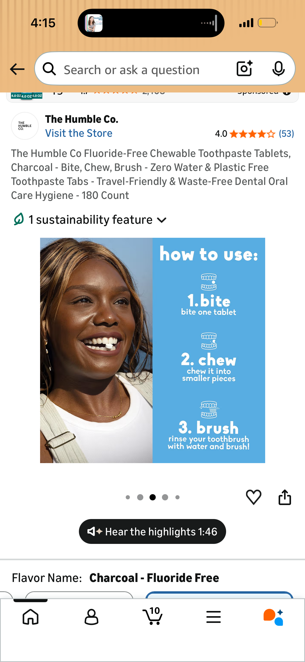 The Humble Co Fluoride-Free Chewable Toothpaste Tablets, Charcoal - Bite, Chew, Brush - Zero Water & Plastic Free Toothpaste Tabs - Travel-Friendly & Waste-Free Dental Oral Care Hygiene - 180 Count