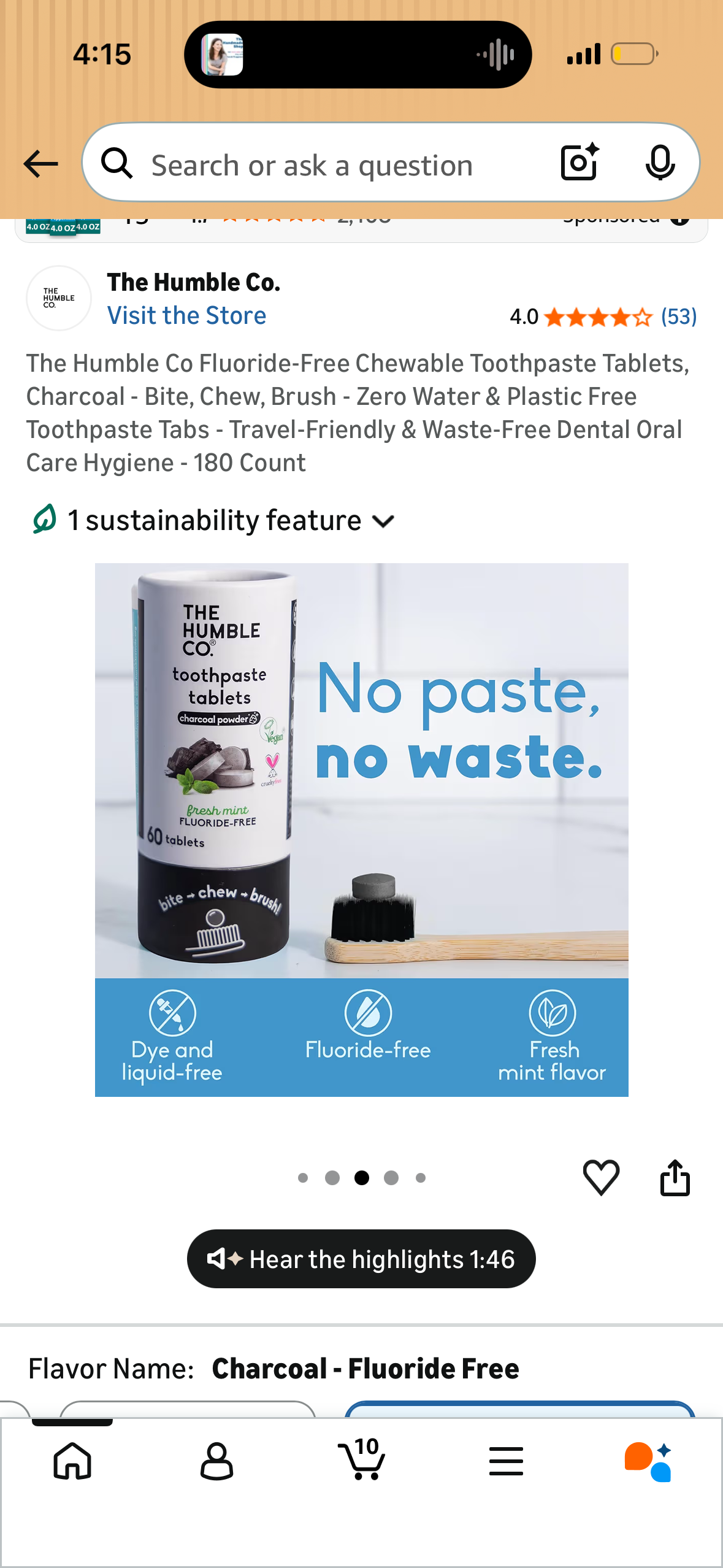 The Humble Co Fluoride-Free Chewable Toothpaste Tablets, Charcoal - Bite, Chew, Brush - Zero Water & Plastic Free Toothpaste Tabs - Travel-Friendly & Waste-Free Dental Oral Care Hygiene - 180 Count