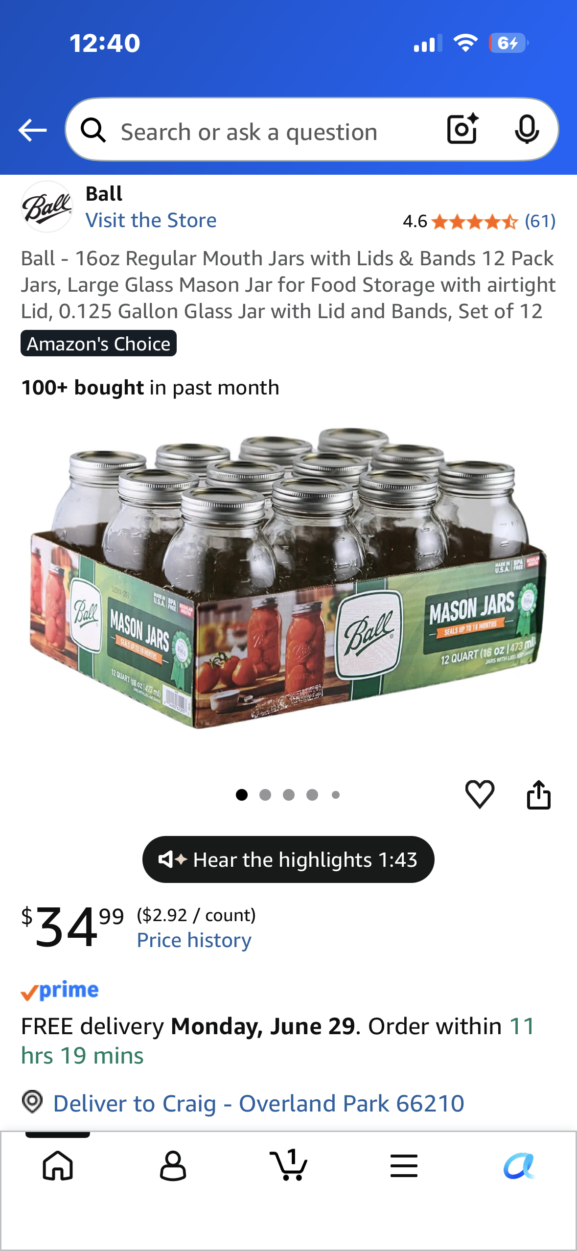 Ball - 16oz Regular Mouth Jars with Lids & Bands 12 Pack Jars, Large Glass Mason Jar for Food Storage with airtight Lid, 0.125 Gallon Glass Jar with Lid and Bands, Set of 12 to