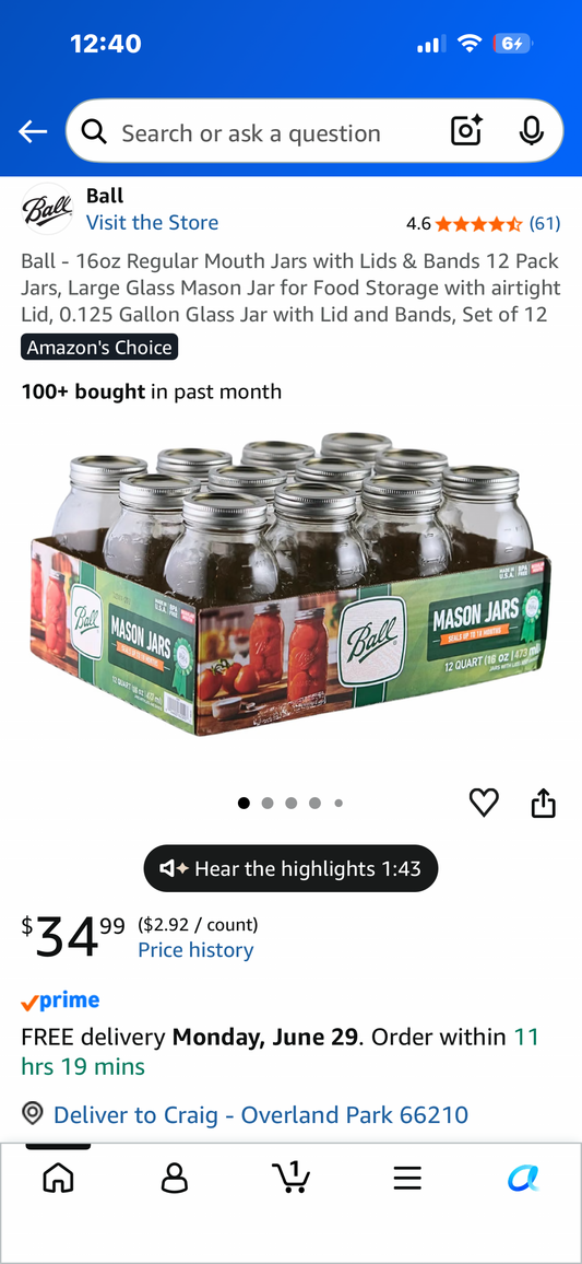 Ball - 16oz Regular Mouth Jars with Lids & Bands 12 Pack Jars, Large Glass Mason Jar for Food Storage with airtight Lid, 0.125 Gallon Glass Jar with Lid and Bands, Set of 12 to