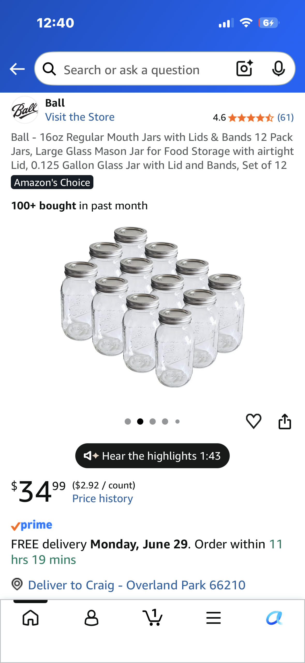 Ball - 16oz Regular Mouth Jars with Lids & Bands 12 Pack Jars, Large Glass Mason Jar for Food Storage with airtight Lid, 0.125 Gallon Glass Jar with Lid and Bands, Set of 12 to