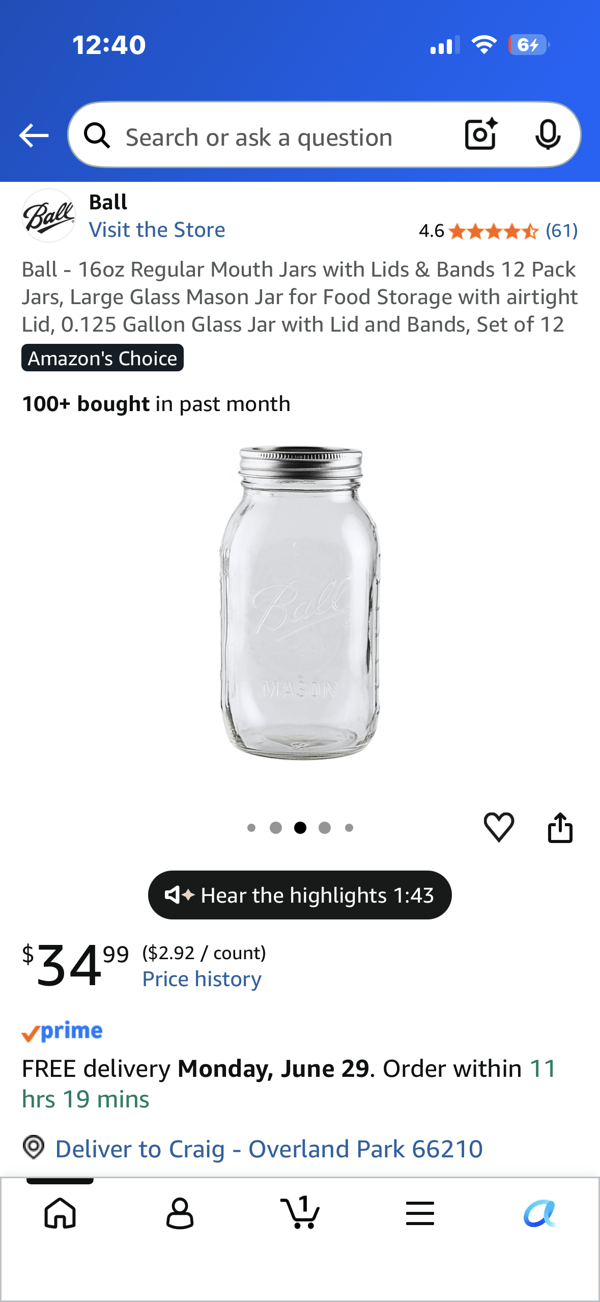 Ball - 16oz Regular Mouth Jars with Lids & Bands 12 Pack Jars, Large Glass Mason Jar for Food Storage with airtight Lid, 0.125 Gallon Glass Jar with Lid and Bands, Set of 12 to