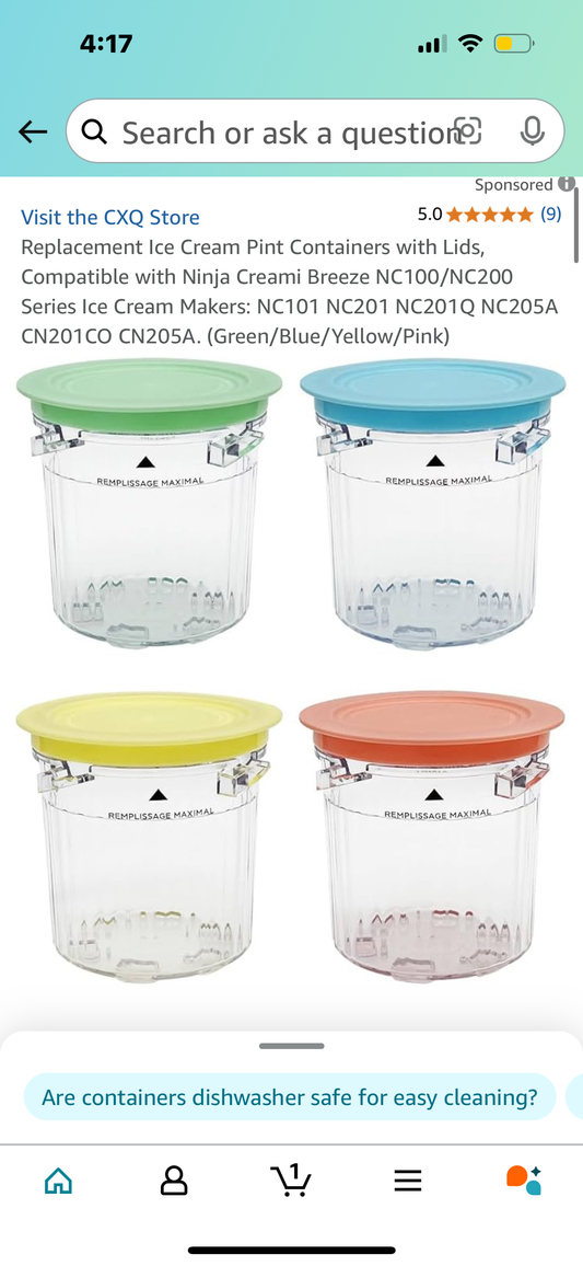 Replacement Ice Cream Pint Containers with Lids, Compatible with Ninja Creami Breeze NC100/NC200 Series Ice Cream Makers: NC101 NC201 NC201Q NC205A CN201CO CN205A. (Green/Blue/Yellow/Pink