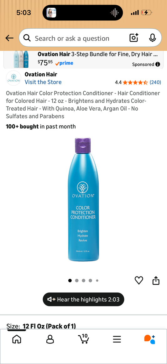Ovation Hair Color Protection Conditioner - Hair Conditioner for Colored Hair - 12 oz - Brightens and Hydrates Color-Treated Hair - With Quinoa, Aloe Vera, Argan Oil - No Sulfates and Parabens