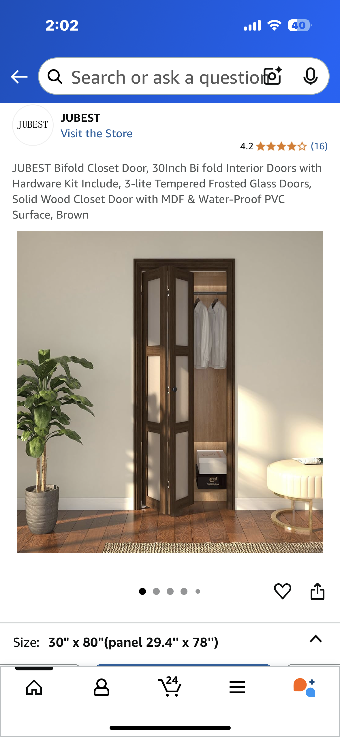 New - JUBEST Bifold Closet Door, 30” Bi fold Interior Doors with Hardware Kit Included, 3-lite Tempered Frosted Glass Panels, Solid Wood Door with MDF & Water-Proof PVC Surface, Brown (L927)