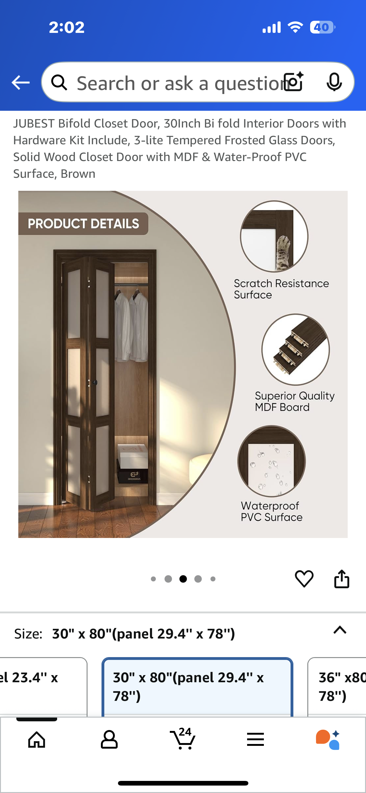 New - JUBEST Bifold Closet Door, 30” Bi fold Interior Doors with Hardware Kit Included, 3-lite Tempered Frosted Glass Panels, Solid Wood Door with MDF & Water-Proof PVC Surface, Brown (L927)