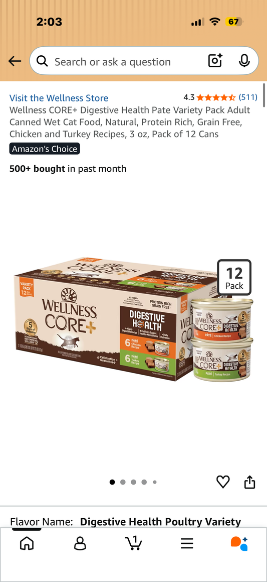 Wellness CORE+ Digestive Health Pate Variety Pack Adult Canned Wet Cat Food, Natural, Protein Rich, Grain Free, Chicken and Turkey Recipes, 3 oz, Pack of 12 Cans