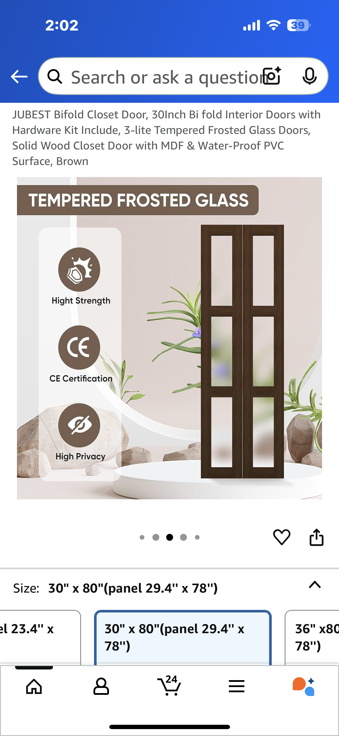 New - JUBEST Bifold Closet Door, 30” Bi fold Interior Doors with Hardware Kit Included, 3-lite Tempered Frosted Glass Panels, Solid Wood Door with MDF & Water-Proof PVC Surface, Brown (L927)