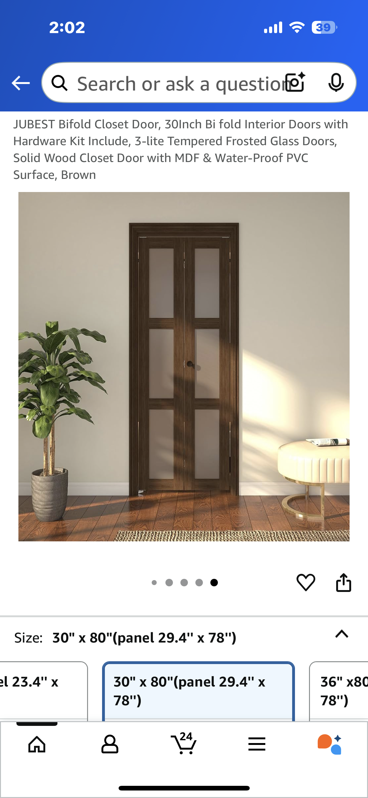 New - JUBEST Bifold Closet Door, 30” Bi fold Interior Doors with Hardware Kit Included, 3-lite Tempered Frosted Glass Panels, Solid Wood Door with MDF & Water-Proof PVC Surface, Brown (L927)