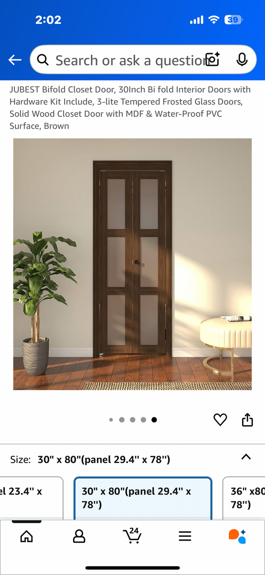 New - JUBEST Bifold Closet Door, 30” Bi fold Interior Doors with Hardware Kit Included, 3-lite Tempered Frosted Glass Panels, Solid Wood Door with MDF & Water-Proof PVC Surface, Brown (L927)
