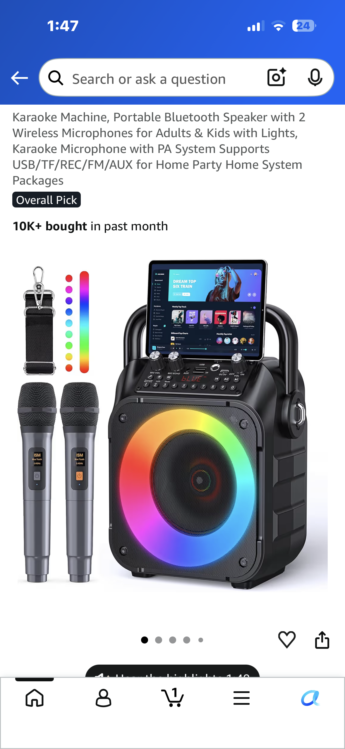 Karaoke Machine with Two Wireless Microphones, Portable Karaoke Speaker with LED Lights, Remite, Supports TF Card/USB, AUX in, FM, REC, TWS