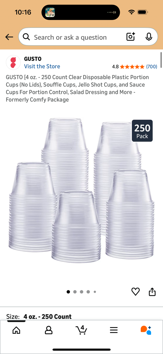 GUSTO [4 oz. - 250 Count Clear Disposable Plastic Portion Cups (No Lids), Souffle Cups, Jello Shot Cups, and Sauce Cups For Portion Control, Salad Dressing and More - Formerly Comfy Package