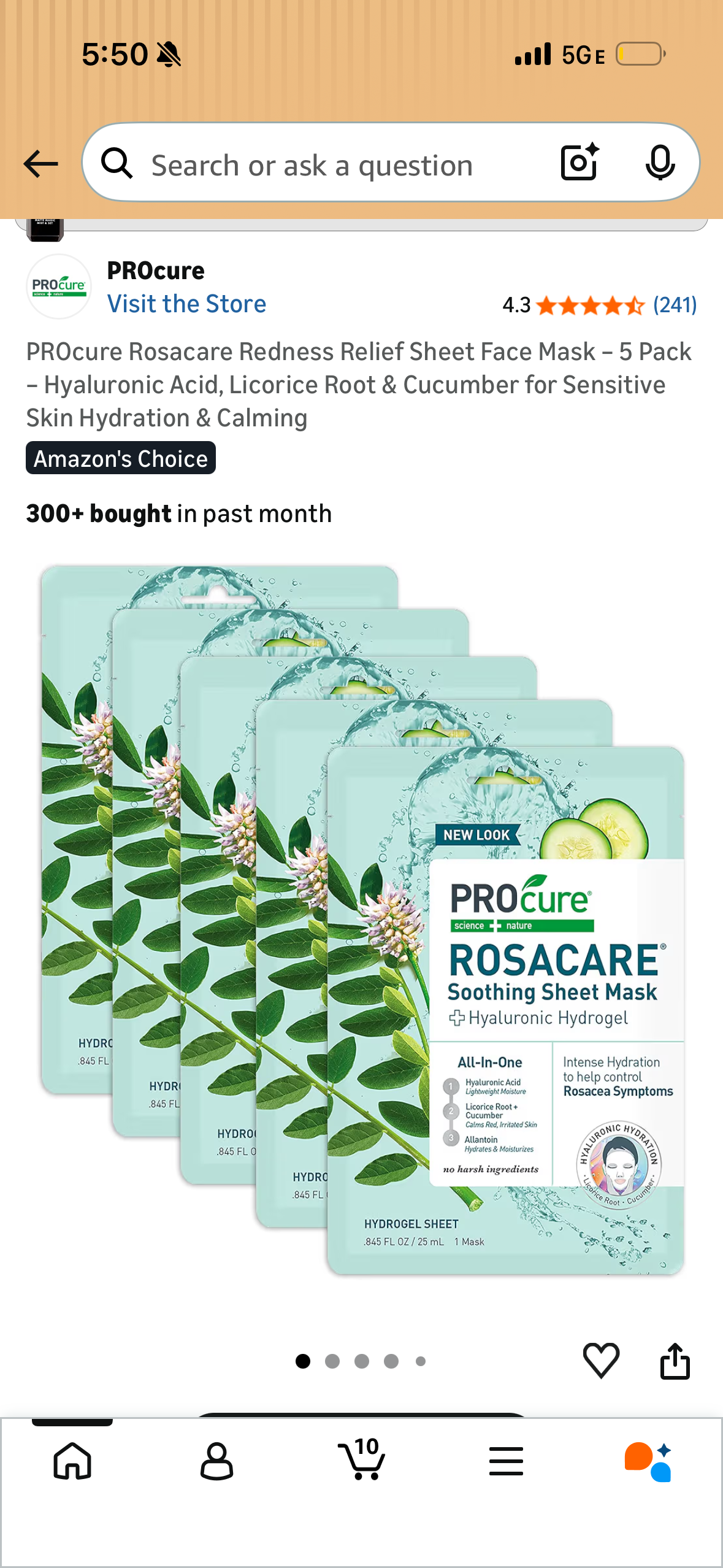 PROcure Rosacare Redness Relief Sheet Face Mask – 5 Pack – Hyaluronic Acid, Licorice Root & Cucumber for Sensitive Skin Hydration & Calming