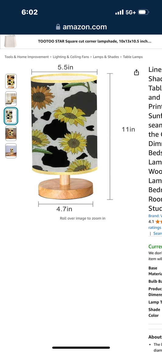 Linen Fabric Shade Wood Base Table Lamp Black and White Cow Print with Sunflowers seamless from the Country Dimmable Bedside Table Lamp Solid Wooden Simple Lamp for Bedroom Living Room Office Study