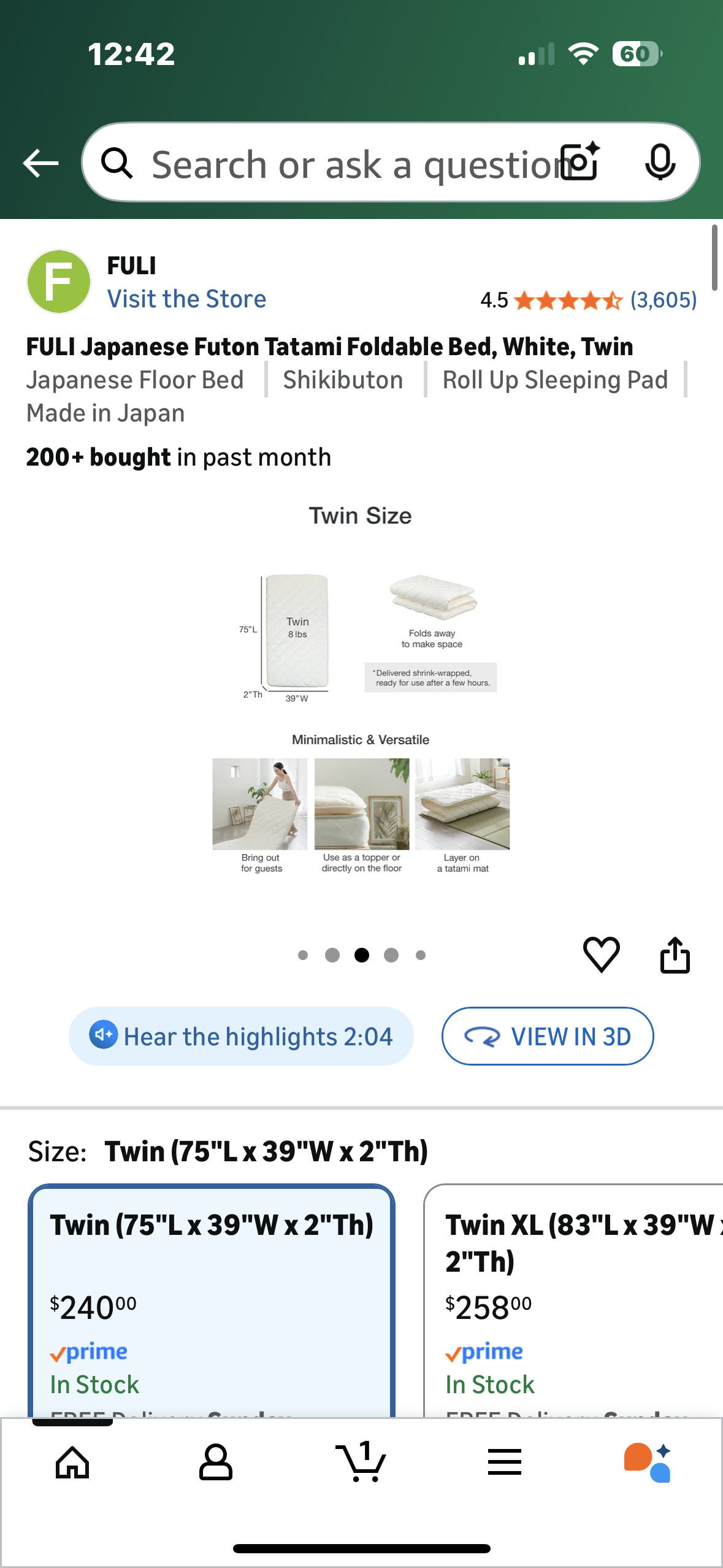 FULI Twin Size Japanese Futon Tatami Foldable Bed, White, Japanese Floor Bed, Shikibuton Roll Up Sleeping Pad, Made in Japan (B1161)