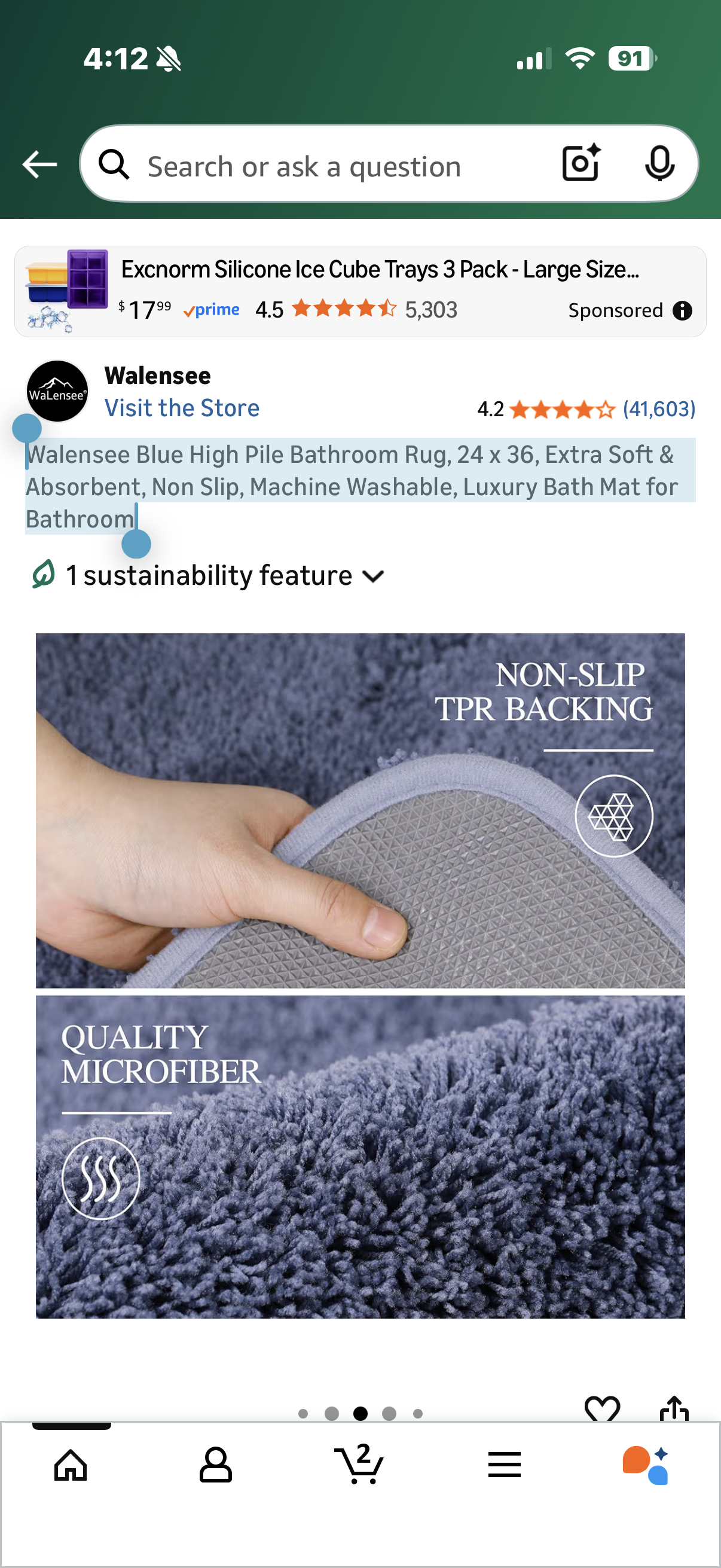 Walensee Blue High Pile Bathroom Rug, 24 x 36, Extra Soft & Absorbent, Non Slip, Machine Washable, Luxury Bath Mat for Bathroom