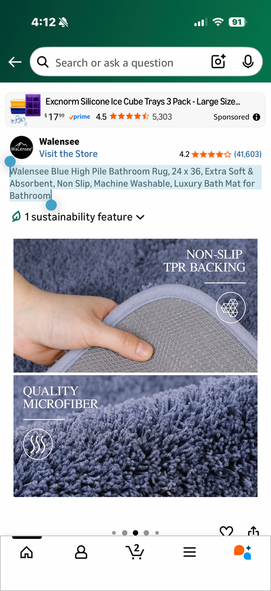 Walensee Blue High Pile Bathroom Rug, 24 x 36, Extra Soft & Absorbent, Non Slip, Machine Washable, Luxury Bath Mat for Bathroom