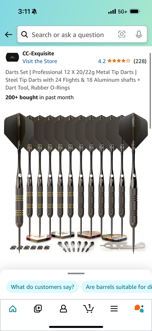 Darts Set | Professional 12 X 20/22g Metal Tip Darts | Steel Tip Darts with 24 Flights & 18 Aluminum shafts + Dart Tool, Rubber O-Rings