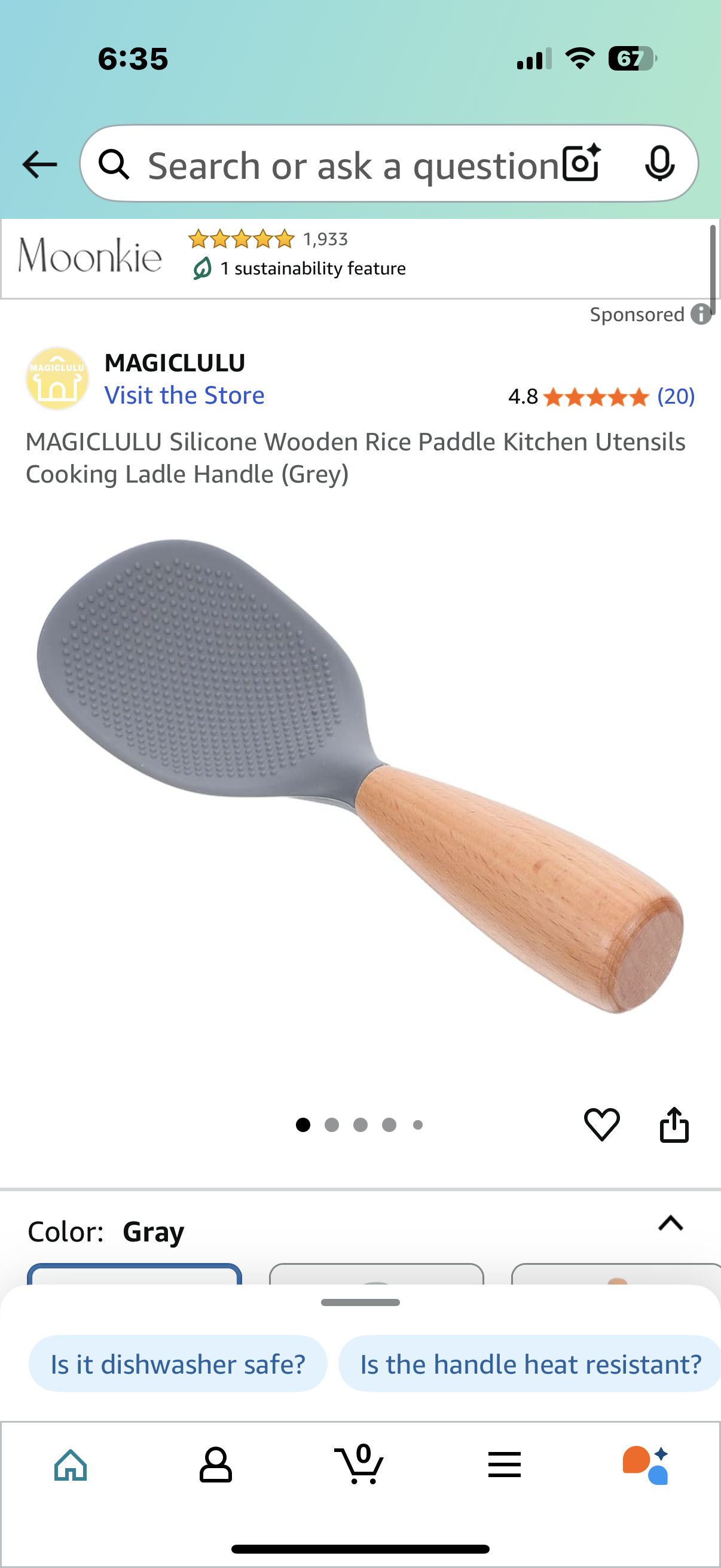 Silicone Wooden Rice Paddle Kitchen Utensils Cooking Ladle Handle (Grey