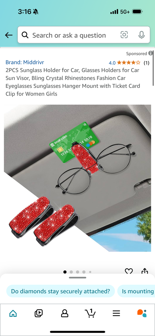 2PCS Sunglass Holder for Car, Glasses Holders for Car Sun Visor, Bling Crystal Rhinestones Fashion Car Eyeglasses Sunglasses Hanger Mount with Ticket Card Clip for Women Girls