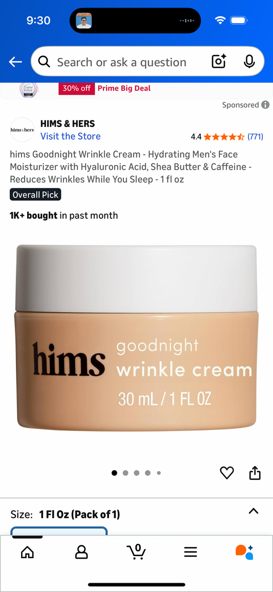 hims Goodnight Wrinkle Cream - Hydrating Men's Face Moisturizer with Hyaluronic Acid, Shea Butter & Caffeine - Reduces Wrinkles While You Sleep - 1 fl oz