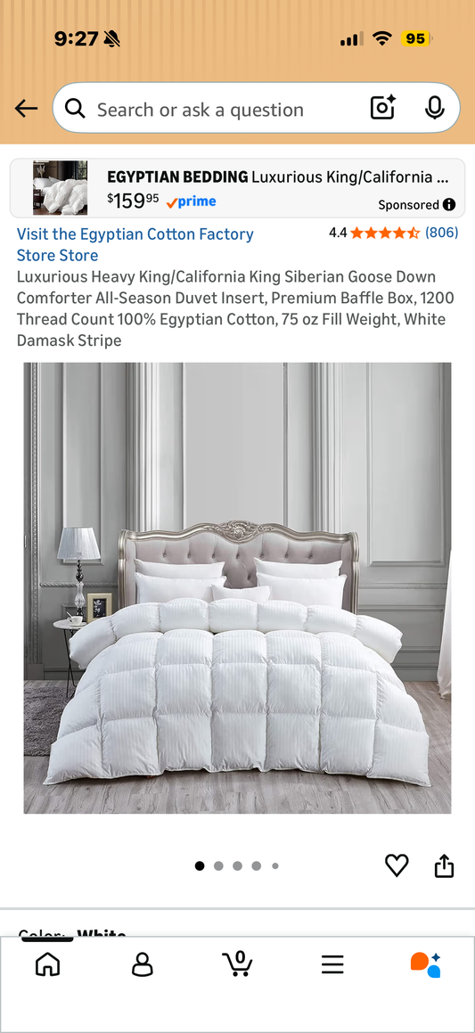 Luxurious Heavy King/California King Siberian Goose Down Comforter All-Season Duvet Insert, Premium Baffle Box, 1200 Thread Count 100% Egyptian Cotton, 70  oz Fill Weight,