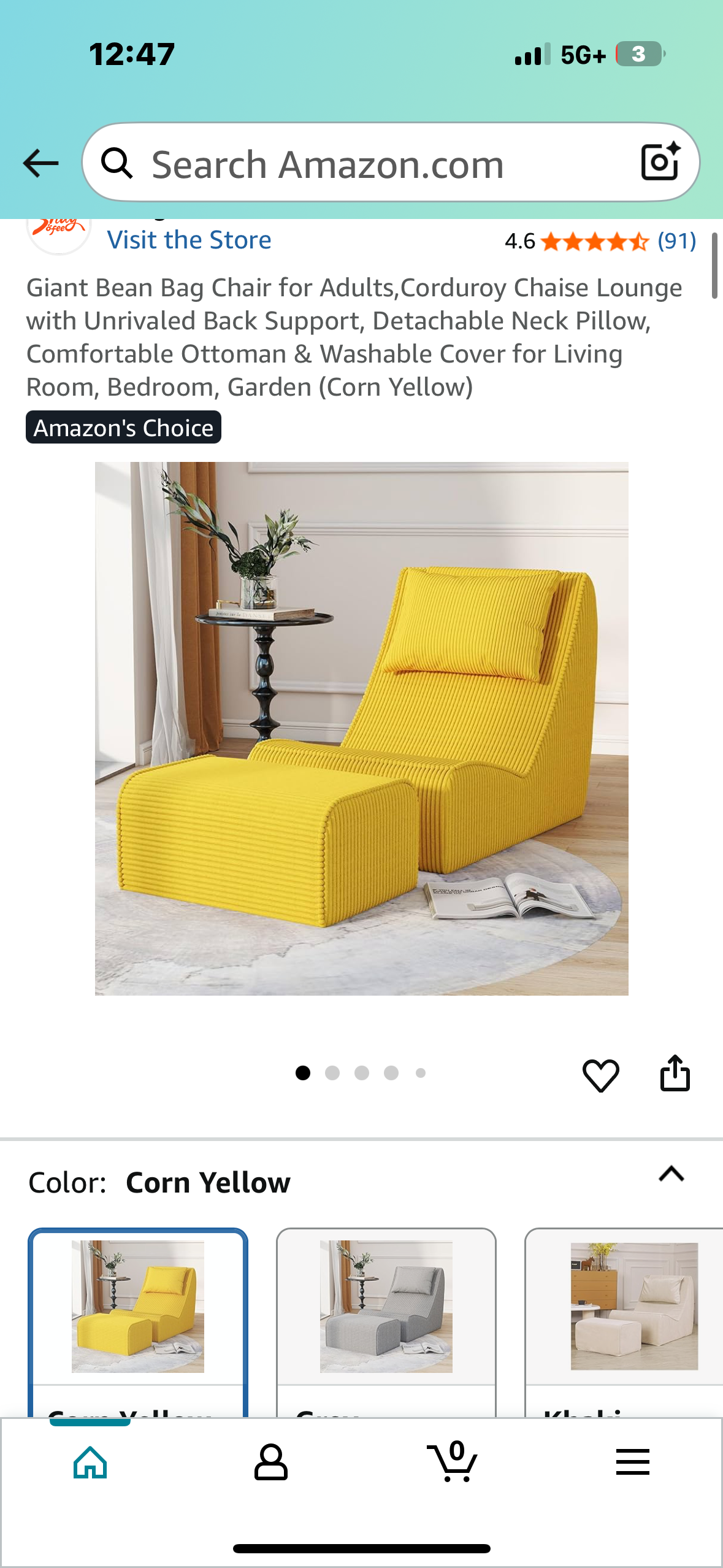 Giant Bean Bag Chair for Adults,Corduroy Chaise Lounge with Unrivaled Back Support, Detachable Neck Pillow, Comfortable Ottoman & Washable Cover (Corn Yellow) (L1017)