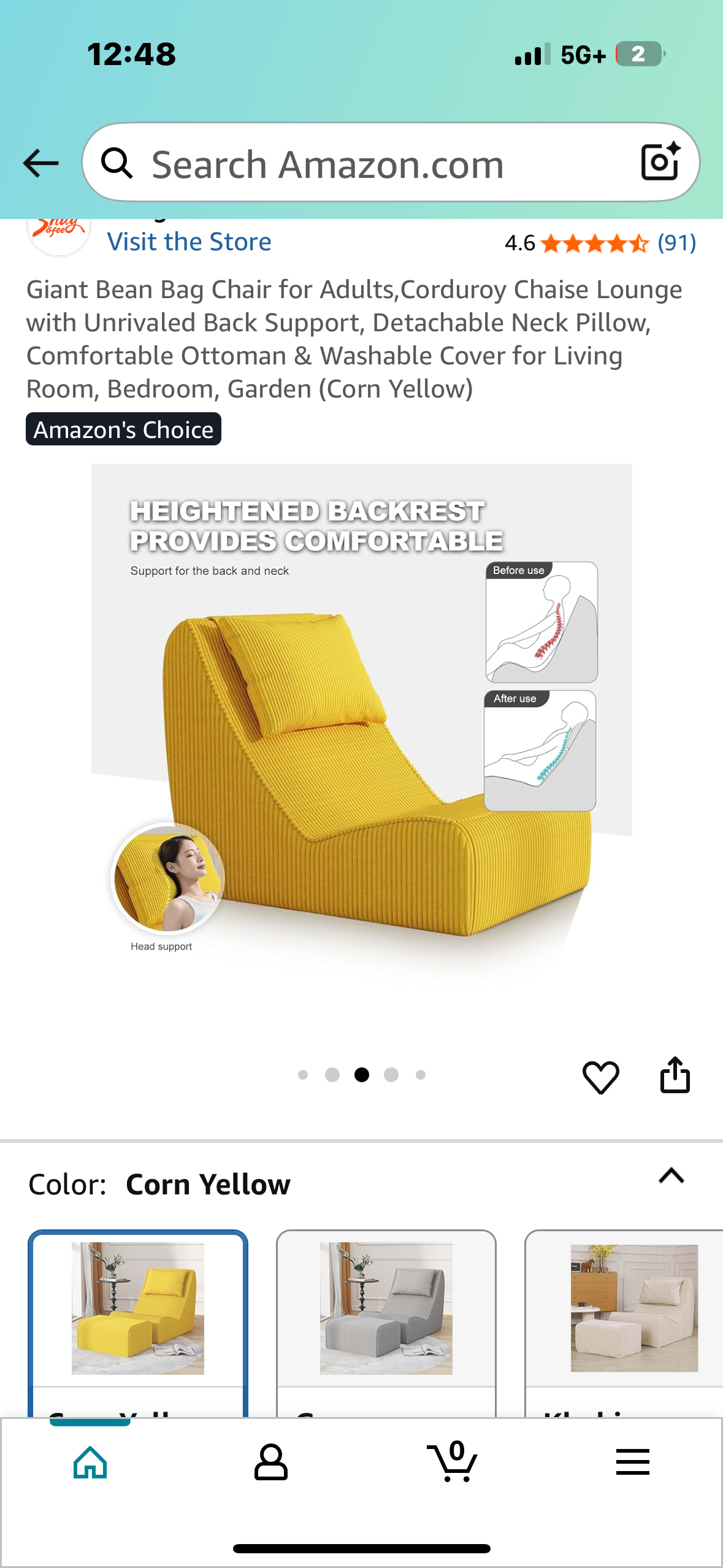 Giant Bean Bag Chair for Adults,Corduroy Chaise Lounge with Unrivaled Back Support, Detachable Neck Pillow, Comfortable Ottoman & Washable Cover (Corn Yellow) (L1017)