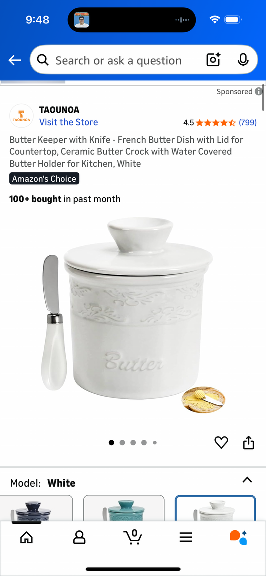 Butter Keeper with Knife - French Butter Dish with Lid for Countertop, Ceramic Butter Crock with Water Covered Butter Holder for Kitchen, White