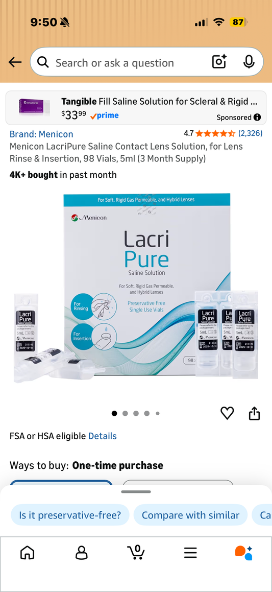 Menicon LacriPure Saline Contact Lens Solution, for Lens Rinse & Insertion, 98 Vials, 5ml (3 Month Supply