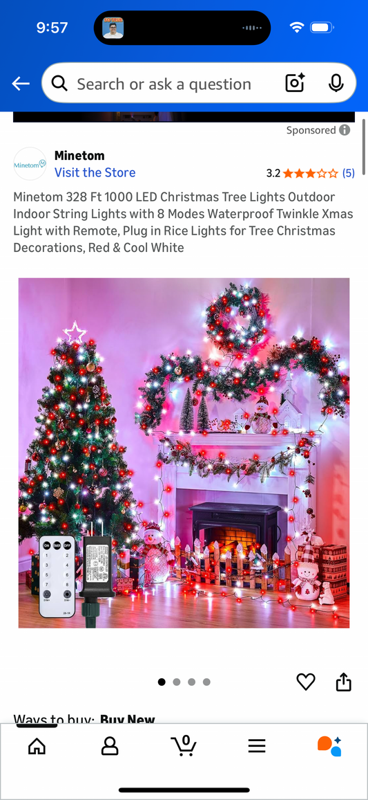 Minetom 328 Ft 1000 LED Christmas Tree Lights Outdoor Indoor String Lights with 8 Modes Waterproof Twinkle Xmas Light with Remote, Plug in Rice Lights for Tree Christmas Decorations, Red & Cool White